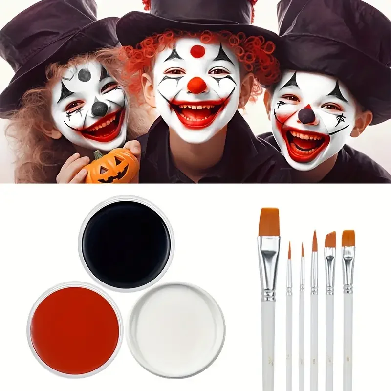 White Black Red Face Body Paint,Adult Oil Body Paint Set,FX Clown Vampire Skeleton Role Play Halloween Makeup with 6 Brushes