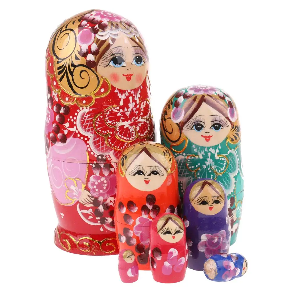 Floral Wooden Russian Nesting Matryoshka 7pcs Dolls Hand Painted