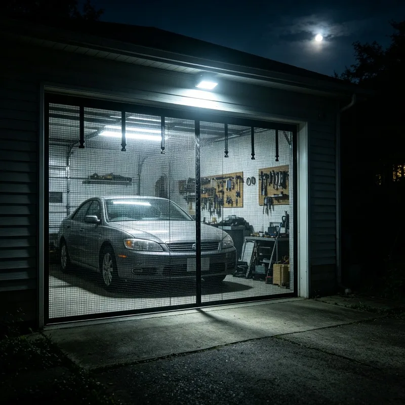 Black Stripe Duty Garage Door Screen, No-Drill Self Sealing Mosquito Net, Breathable Mesh For Patio, Garage, Workshop,Minimalist