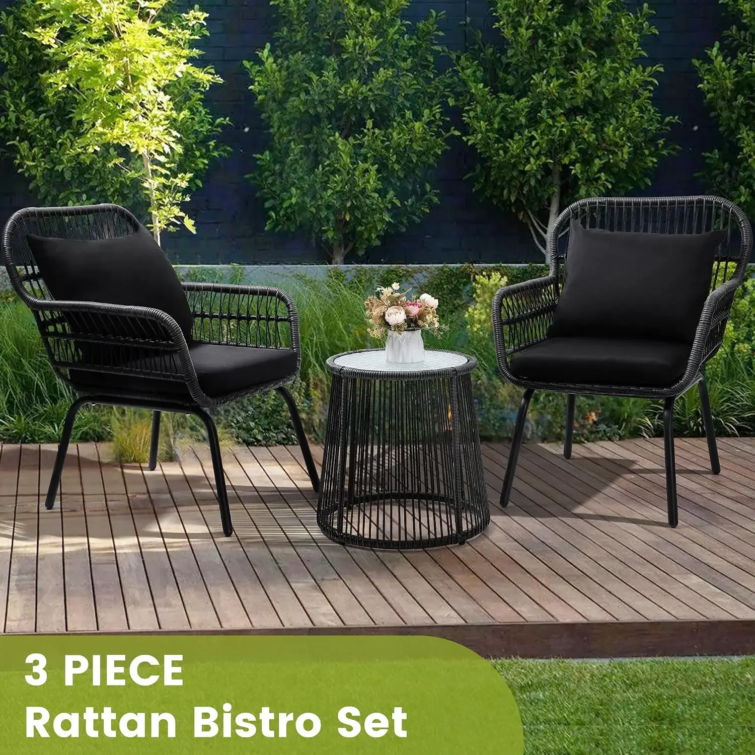 USA Stock3-Piece Rattan Wicker Bistro Set, Patio Conversation Set, Black | All Weather Patio Conversation Set and Side Table, Id