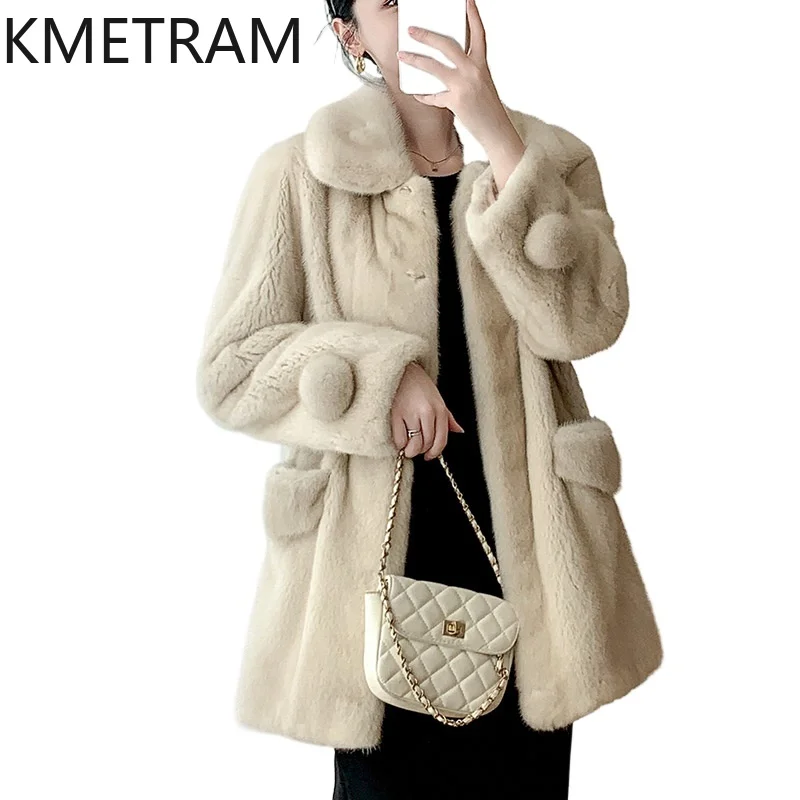 Real Mink Fur Coat Women New in Outerwears 2024 Winter Clothes Woman Trending Fashion Mid Length Fur Jacket Fourrures Femmes