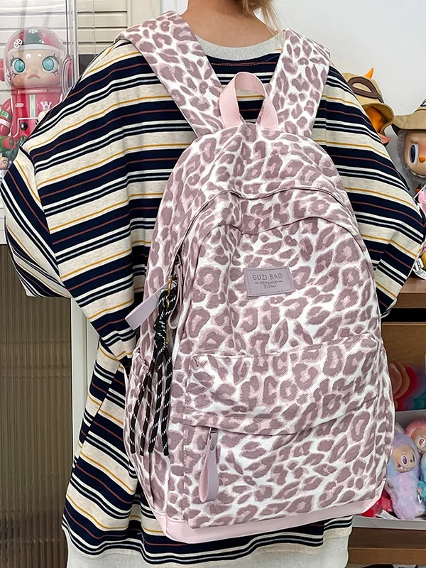 

Pink Leopard Print Bapa Large Capaci Casual Sle for Women Student Bapa 2025 New American Design School Bag