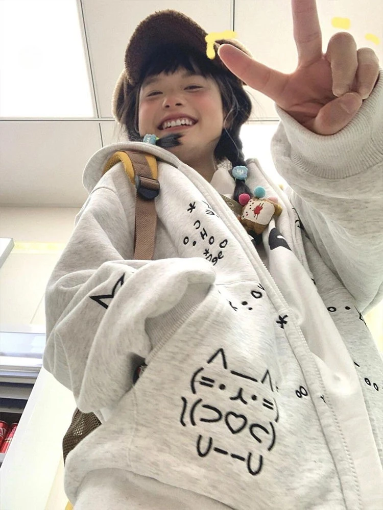 

Deeptown Kawaii Y2k Hooded Hoodies Women Vintage Embroidery Cartoon Zipper Hoodies Cutecore Streetwear Autumn Loose Sweatshirts