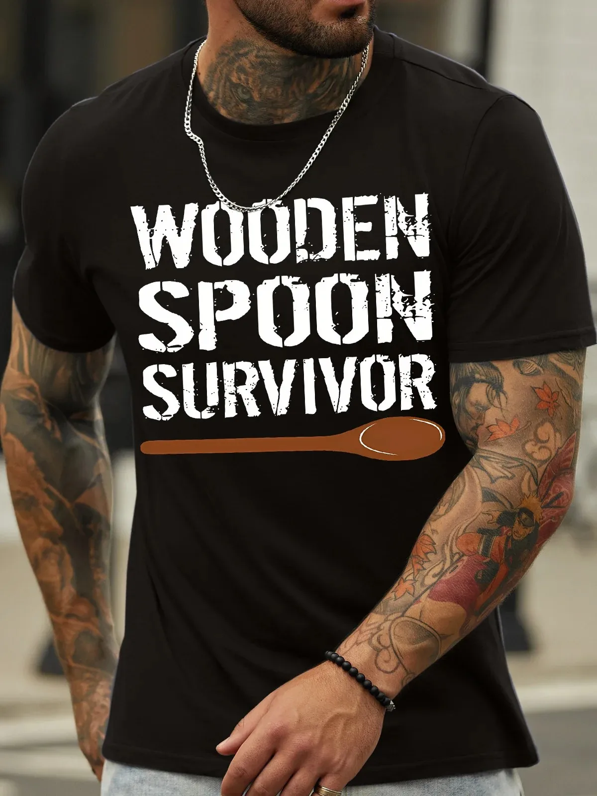 Men's Wooden Spoon Survivor Funny Graphic Print Text Letters Cotton Casual T-Shirt