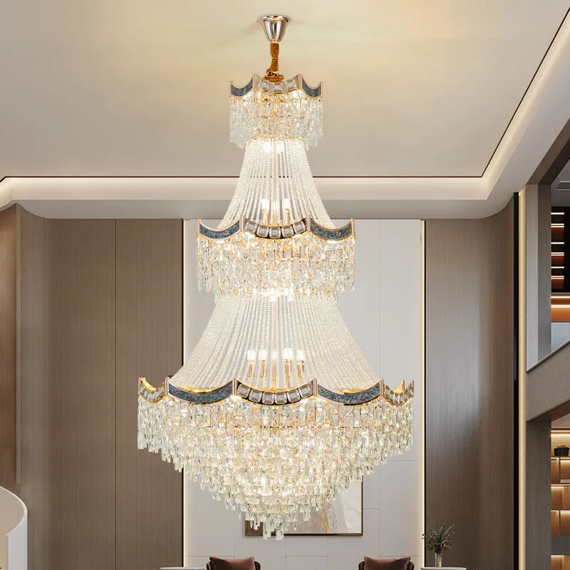 @Duplex building living room crystal chandelier post-modern light luxury building middle floor ladder long chandelier villa hall