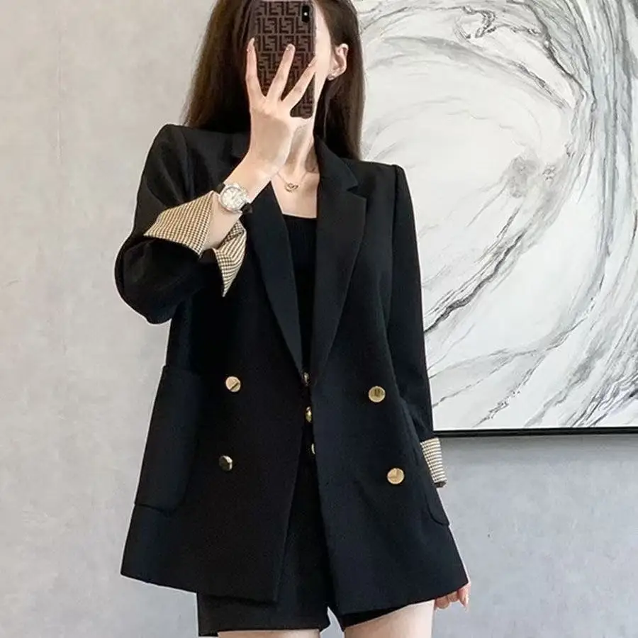 

Vintage Solid Suit Coat Women Black Turn Down Collar Double Breasted Casual Suit Office Lady Elegant Simple Loose Blazer Coat