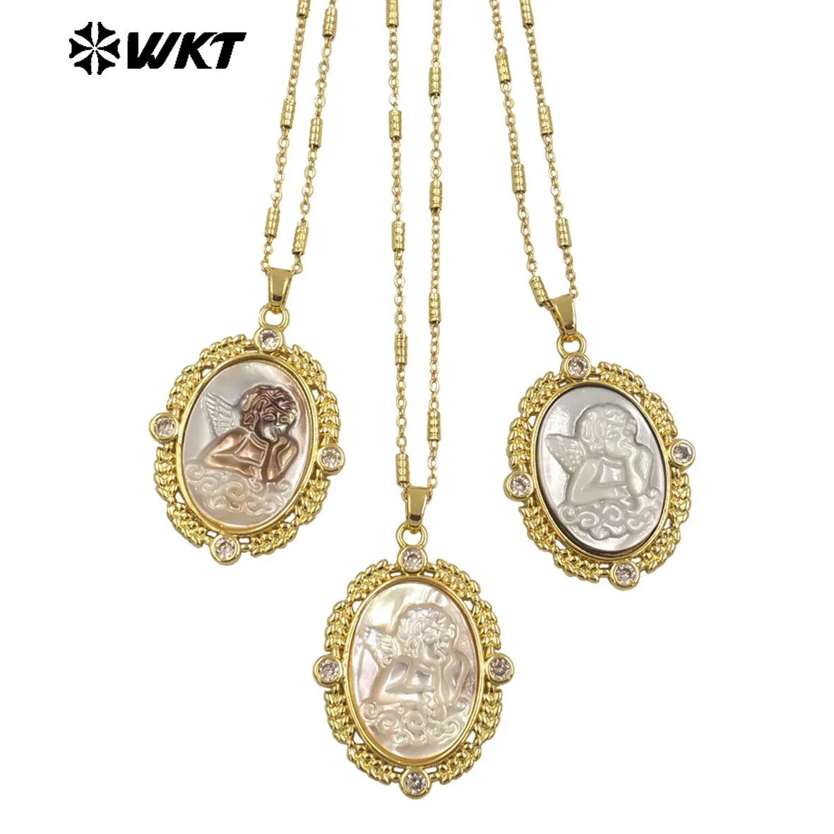 WT-JN273 Amazing 18K Real Gold Plated Resist Tarnishable Oval Shape Handmade Energy Shell Carved Angel Religious Necklace