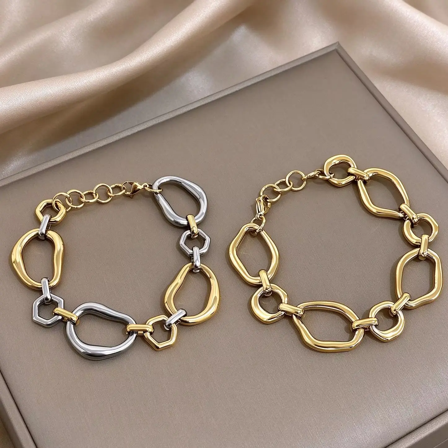 Irregular Gold Plated Stainless Steel Chain Bracelet For Women Oval Link Two Tone Stackable Chunky Bracelet Waterproof Jewelry