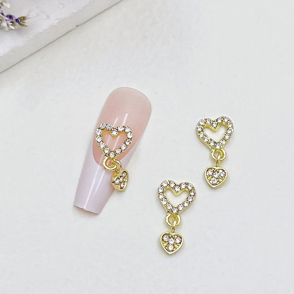 10 Pieces Heart Dangle Nail Charms 3D Alloy Luxury Nail Rhinestones Silver Gold Hollow Heart Nail Gems Star Jewels Manicure Part