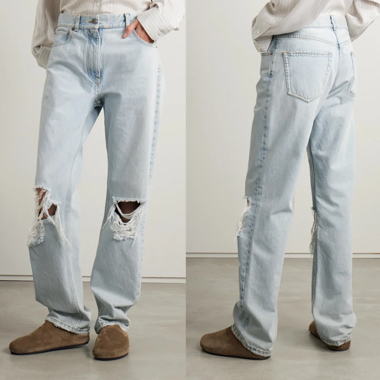 Jeans a gamba dritta strappati con foro da donna pantaloni larghi in denim alla moda a vita alta