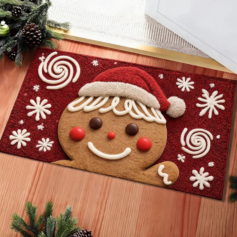 VIKAMA Santa Bells Christmas Door Mat Red Print Non Slip Rug For Entryway Front Door Indoor Outdoor Holiday Decor