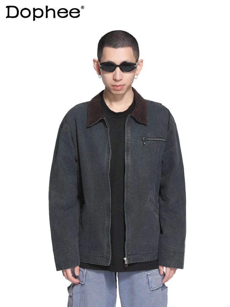 

Men's 2025 Winter New American Style Retro Jackets Men's Simple Fashion Versatile Jackets Male Handsome Long Sleeve Lapel Coats