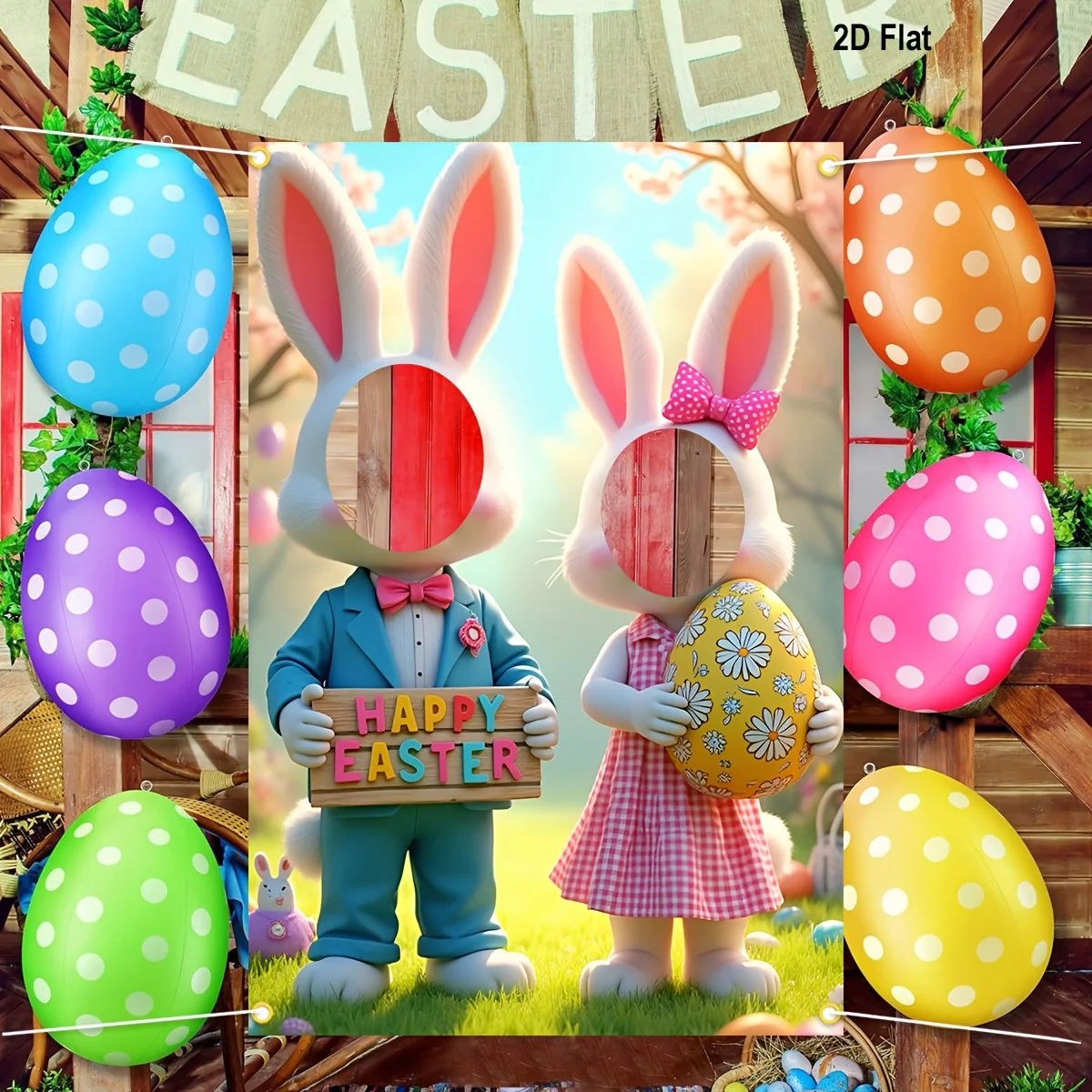 2D Flache Oster-Fotobox-Requisiten Banner mit Hasen- und Eier-Design für Innen- und Außendekorationen Polyester-Hintergrundtuch