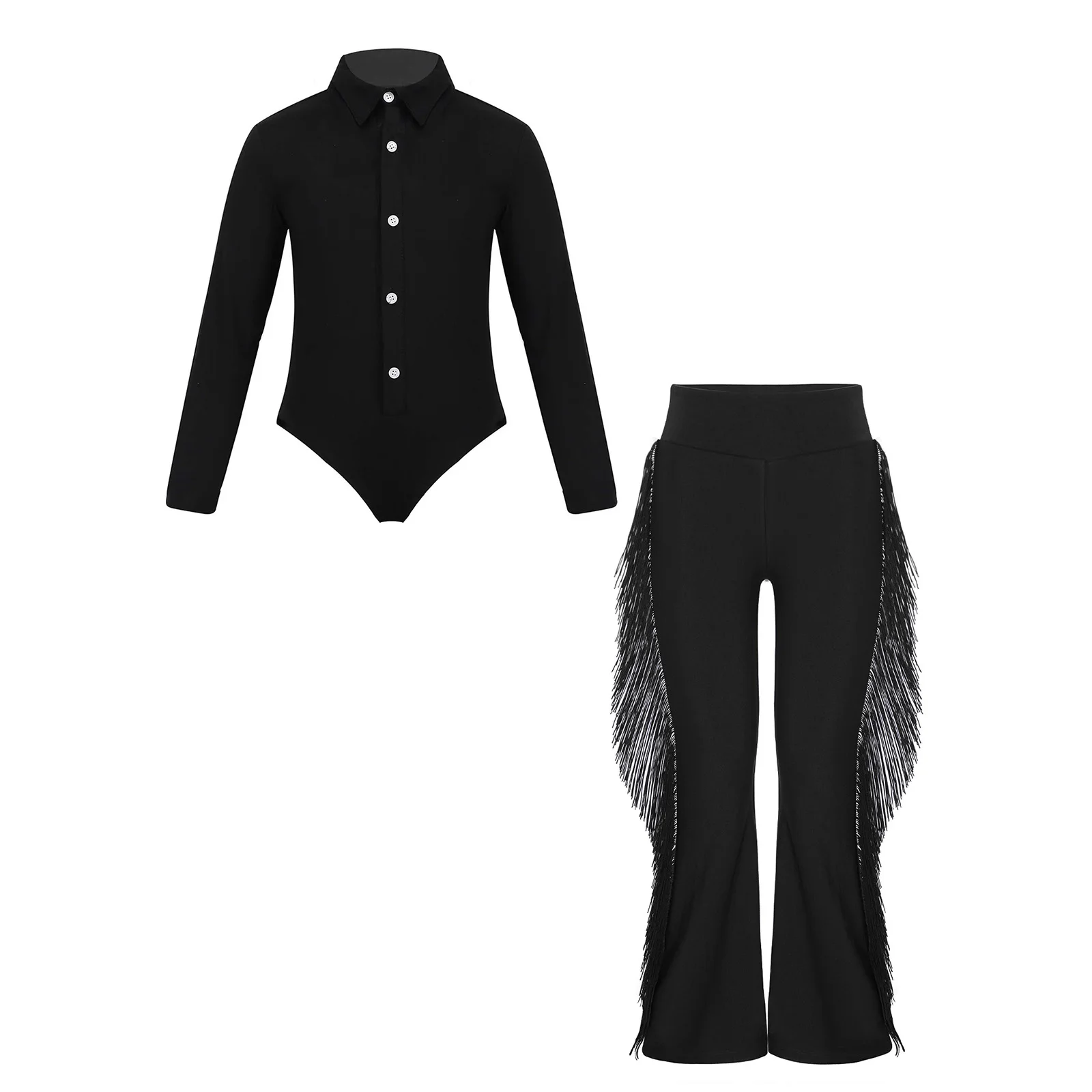 

Kids Boys Latin Ballroom Dance Performance Costume Long Sleeves Button Leotard with Elastic Waist Tassels Bell-Bottom Pants