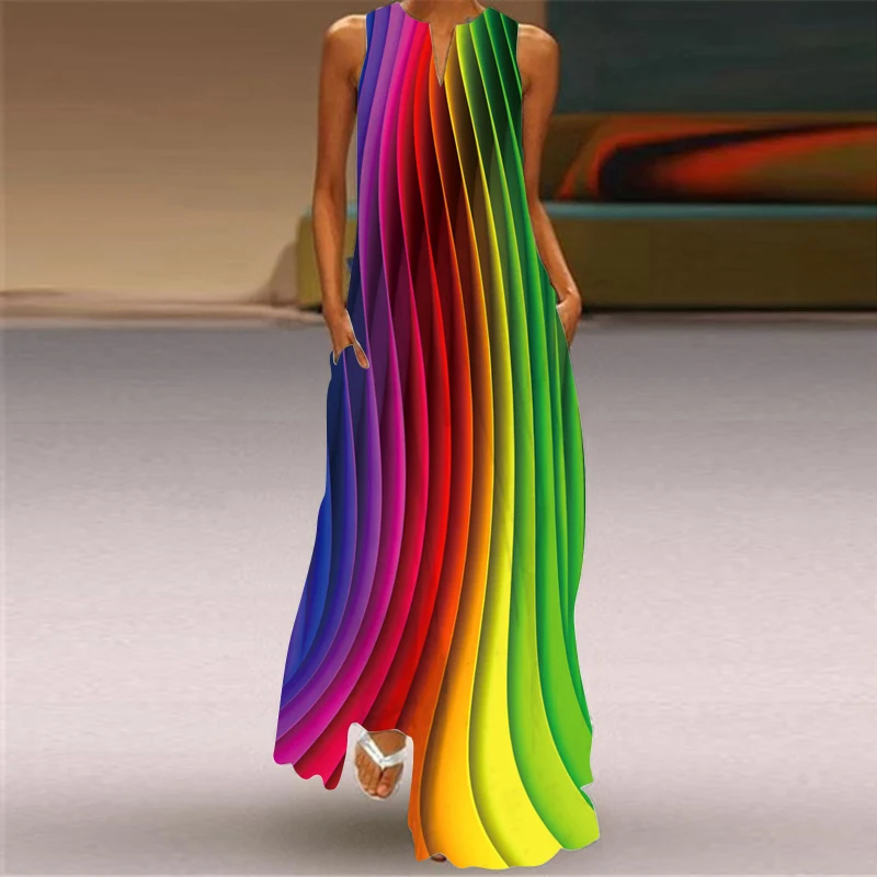 Summer Long Dress Women Sleeveless Loose V-neck Elegant Dresses Party 2026 New Ink Painting 3D Print Vintage Chinese Style Dress