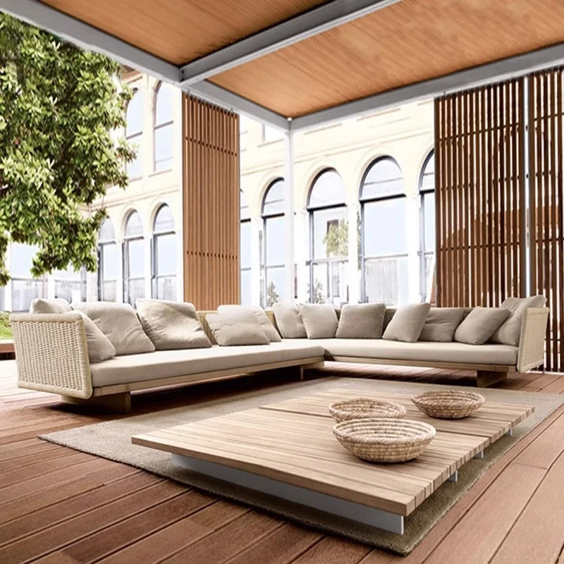 Custom Outdoor Sofa Leisure Waterproof Sun Protection Patio Terrace Balcony Teak Northern Europe Design With Cushions