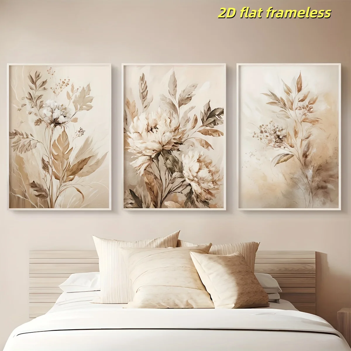 3 neutral beige floral art canvas posters, modern abstract floral wall decoration 2D flat printing frameless paintings