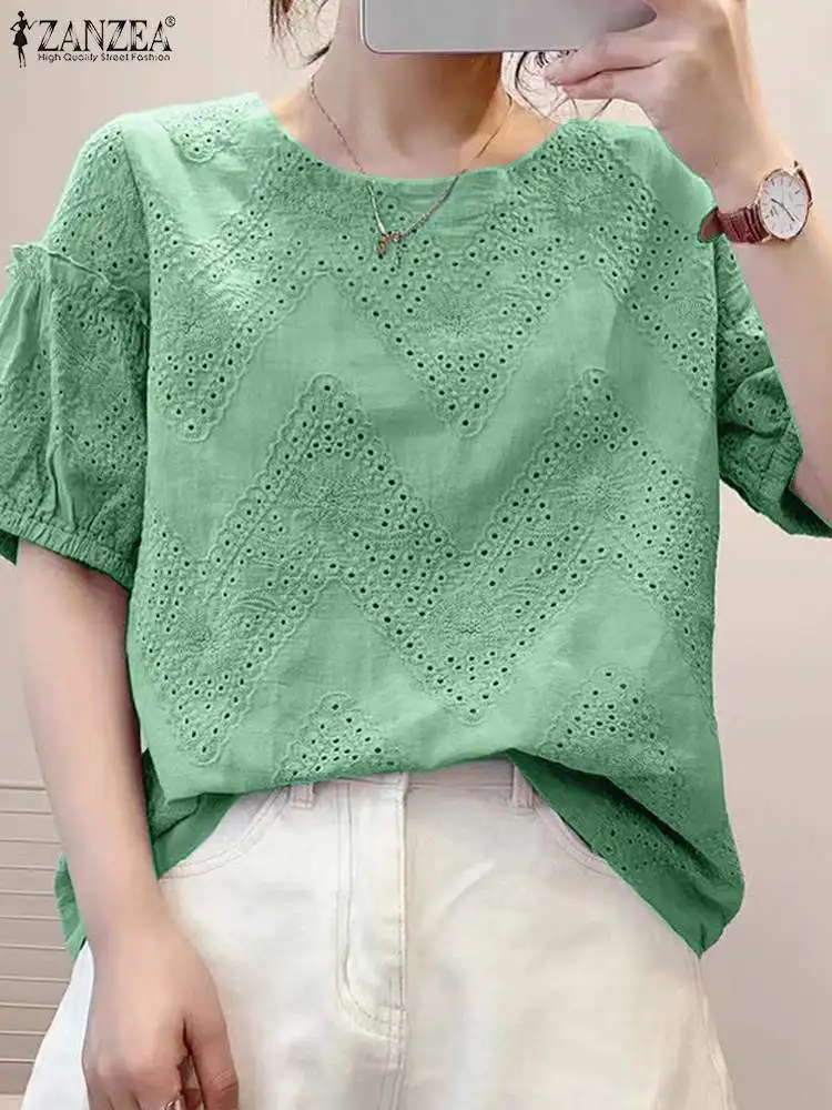 Elegant Short Sleeve Lace Crochet Shirt 2024 ZANZEA Fashion Summer Blouse Women Work OL Tops Hollow Out Blusas Causal Chemise