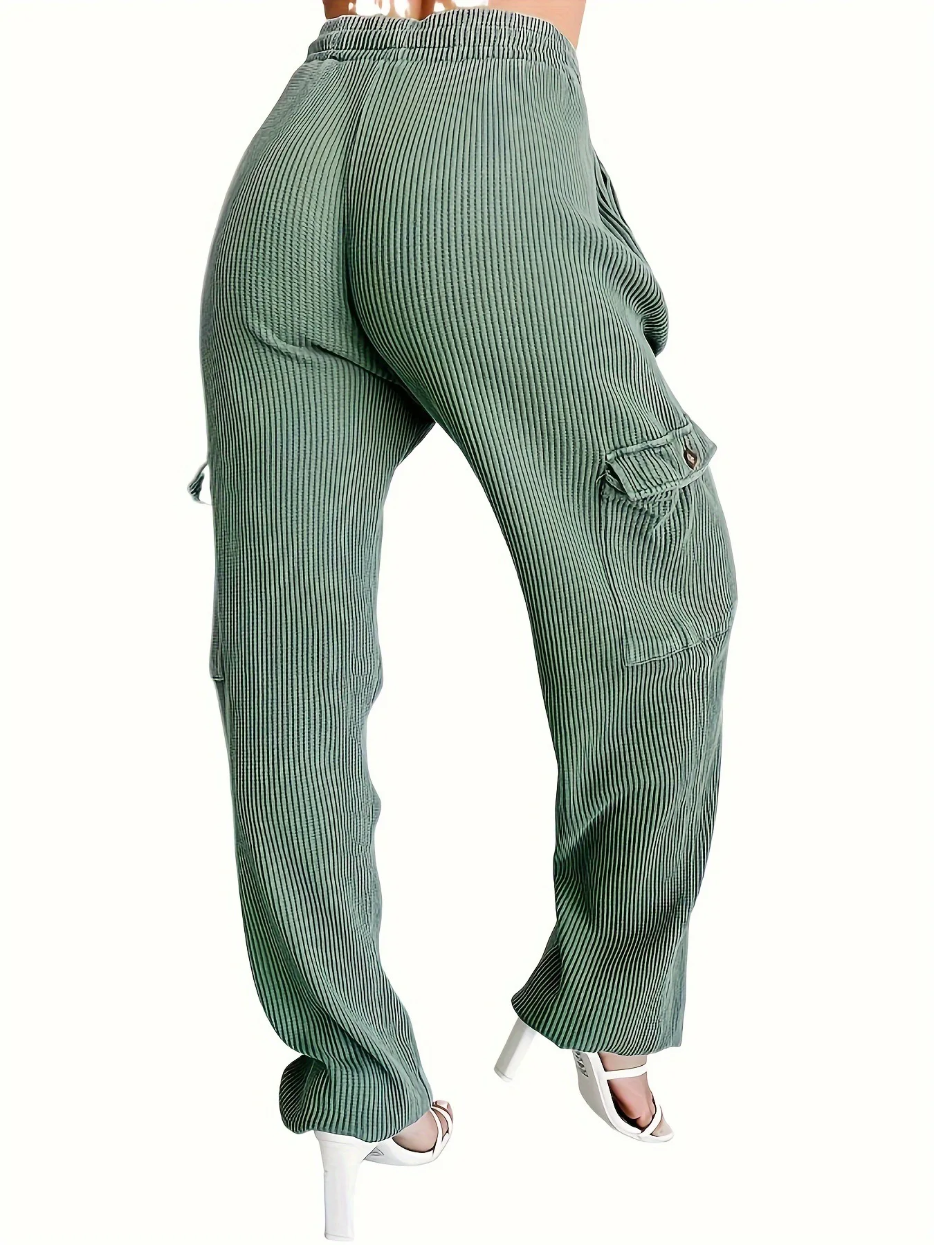 Effen Kleur Flap Zakken Harembroek Vakantie Trekkoord Hoge Taille Broek Voor Lente En Herfst Dameskleding