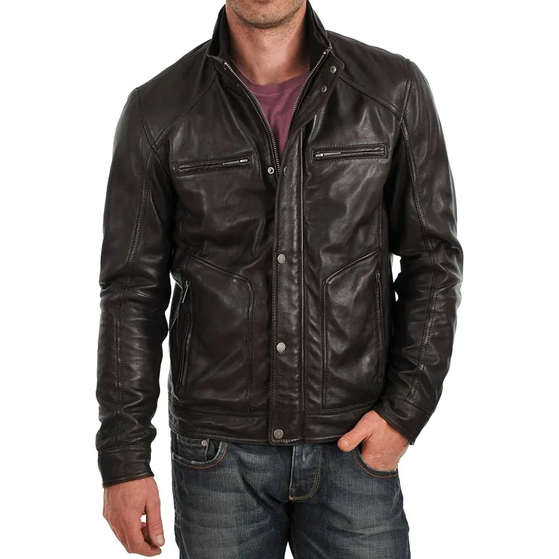 Men's Lambskin Pure Leather Jacket Biker Soft Brown Zipper Designer Fashion Coat