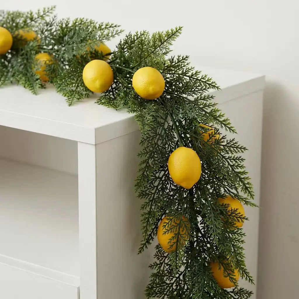 5.74Ft Artificial Cedar Lemon Garland 175cm Green Foliage with Yellow Lemons for Entryway Fireplace Decoration
