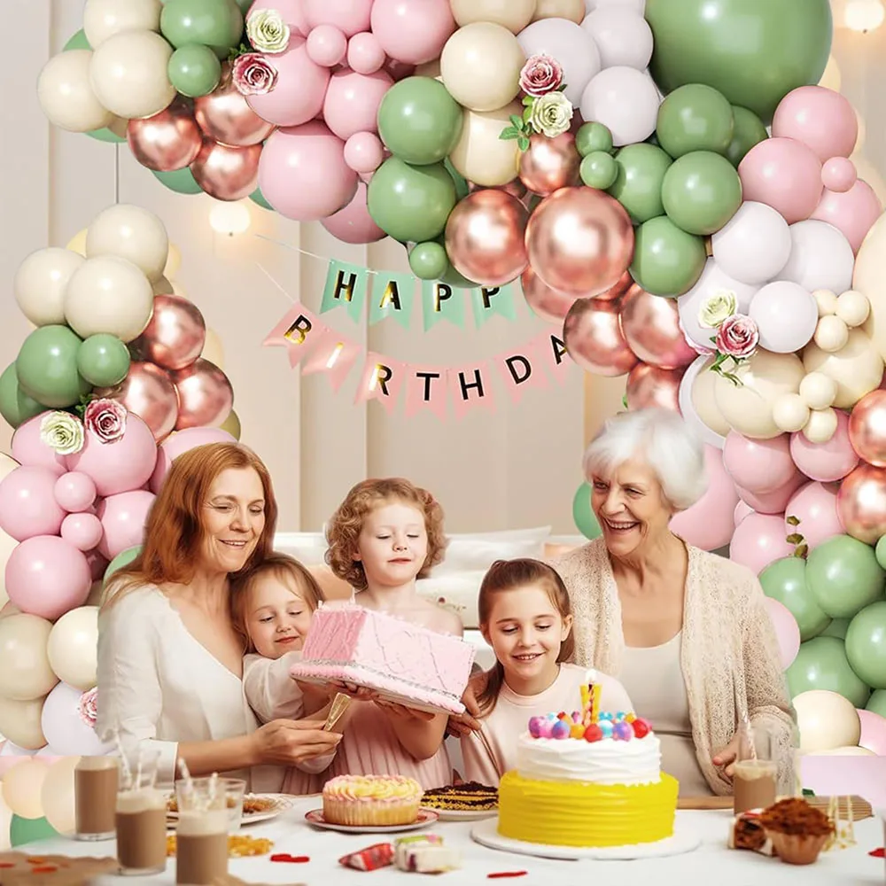 Gray Green Pink Balloon Garland Arch Set, Blush Pink Rose Gold Latex Balloon Olive Green and White Sand Balloon Suitable for Bohemian Birthday Baby