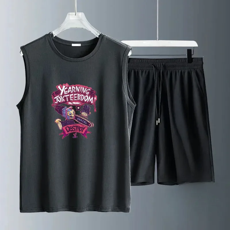 

New Men's Summer Sets 2 Piece T-Shirt and Shorts Casual Breathable Athletic Loose Vest Jogging Sleeveless Top Tracksuit Outfit