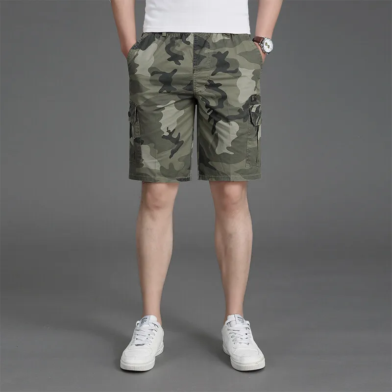 Men's Clothing Elastic High Waisted Camouflage Contrast Color Pockets Summer Cargo Straight Sweatpants Preppy Style Shorts