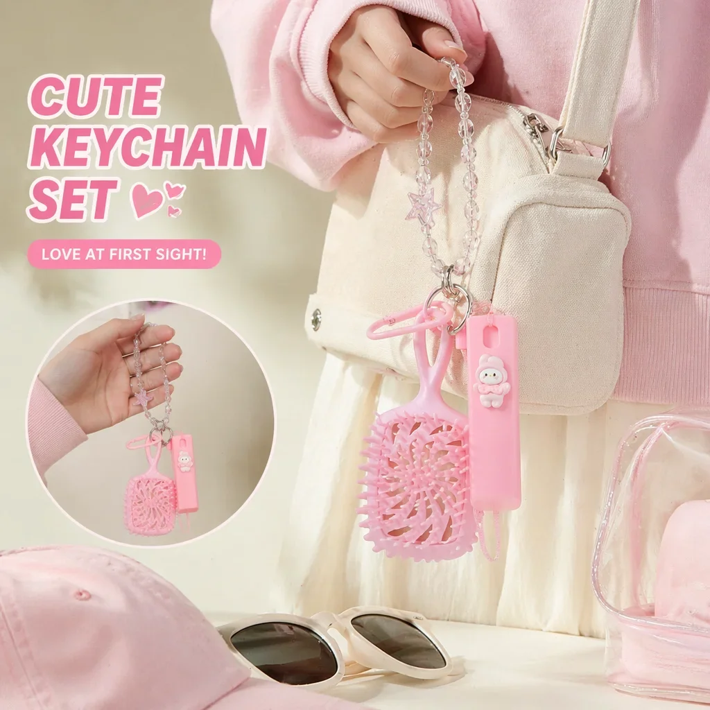 Portable Kawaii Mini Massage Comb Set Cartoon Spray Bottle with Star Beaded Lanyard Y2K Cute Bag Pendant Travel Hair Care Tools