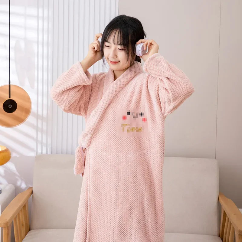 

Autumn and winter women's pineapple checkered bathrobe, absorbent bath towel, soft and thick, home cross tie long sleeved yukata