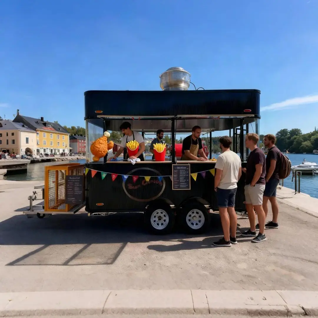 

Outdoor Food Trailer Black Main Color Large Area Transparent Glass Windows Open Sales Window Mobile Kitchen Stand