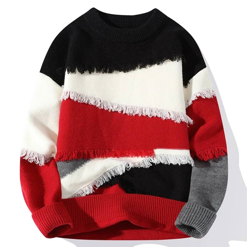 Hip Hop Blocking Wool Pullover Men Loose Sweater 2024 Autumn Winter Mens Casual Sweaters Youth Knittwear Pullovers Tops w818