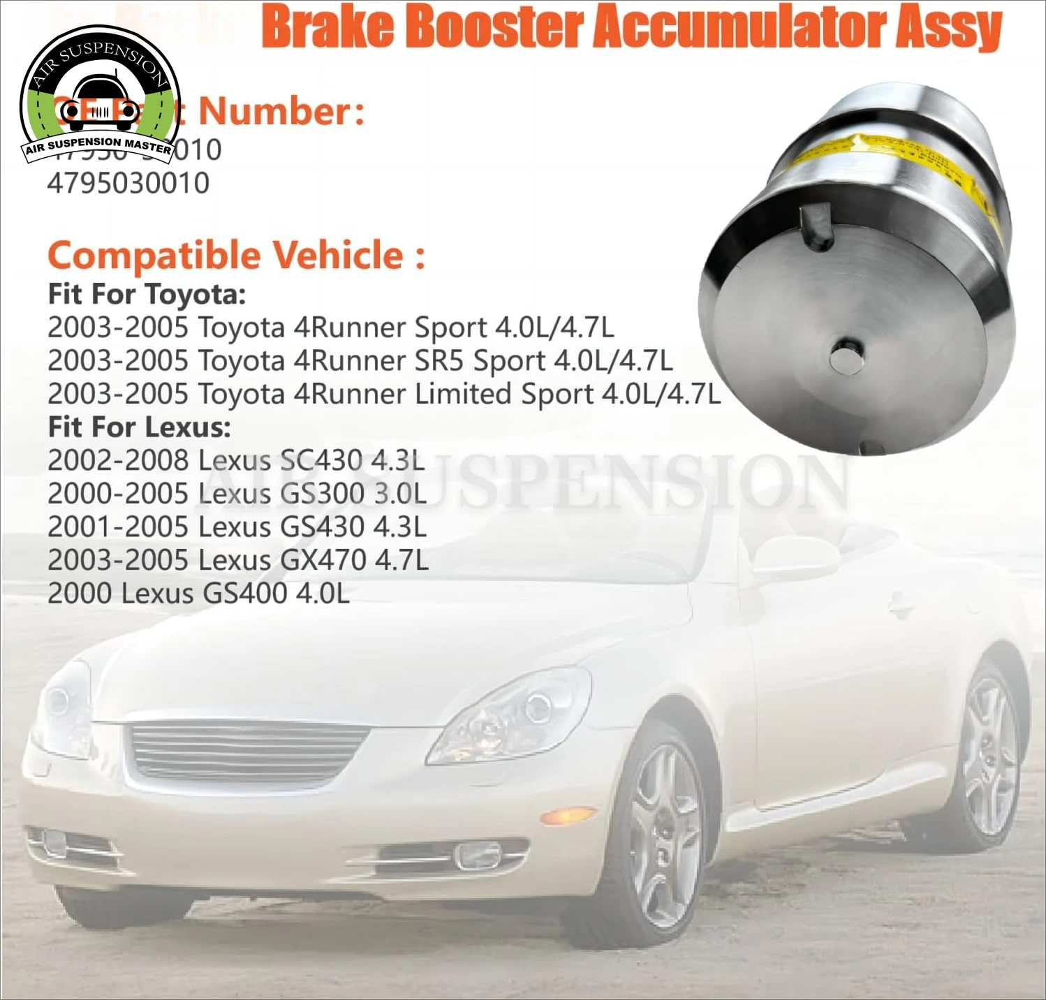 NEW 47950-30010 Brake Booster Accumulator 4795030010 For Toyota 4runner Pruis 98-04 Rav4