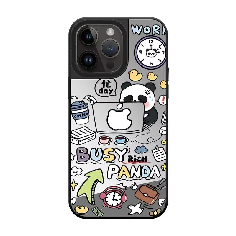 Cartoon Panda Bear Mirror Magnetic iPhone 11 12 13 15 14 16 Pro Max Protective Case, Fits iPhone 16 Pro Max