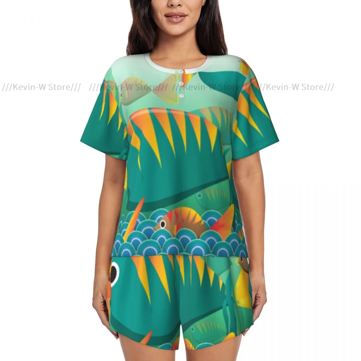 Woman Pajamas Set Fish And Seaweat With Bubble In Aquarium Abstract Summer Short-Sleeved Female Suit Homewear