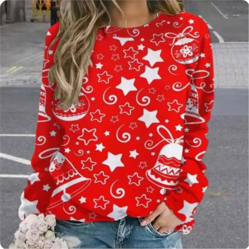 New Christmas style womens hooded sweatshirt round neck pullover Christmas print personalized party elegant sweatshirt for women