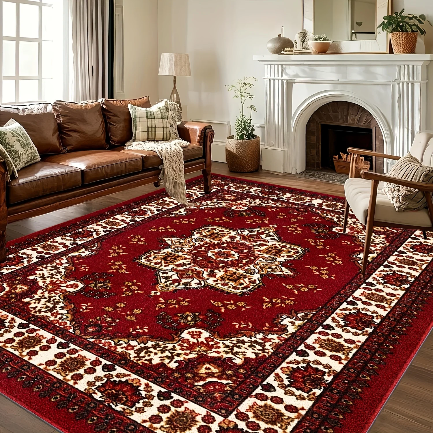 

1pc Luxurious Bohemian Persian Mat - Non-Slip Backing, Machine Washable 100% Polyester Mat with Red & Golden Floral Pattern, Plush Soft Pile for Living Room, Bedroom