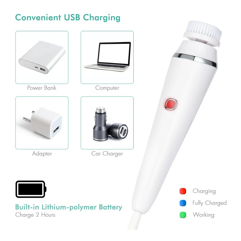 전동 얼굴 클렌징 브러시 휴대용 세척 실리콘 클렌저 및 마사지기 소닉 진동 얼굴 세정 브러시