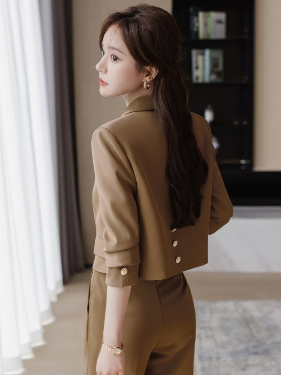 Cafe Brown Short Tailored Women's Suiting Jacket And Wide Leg Pants Set Fashionable Slim Fit Ladies' Ensemble for Spring