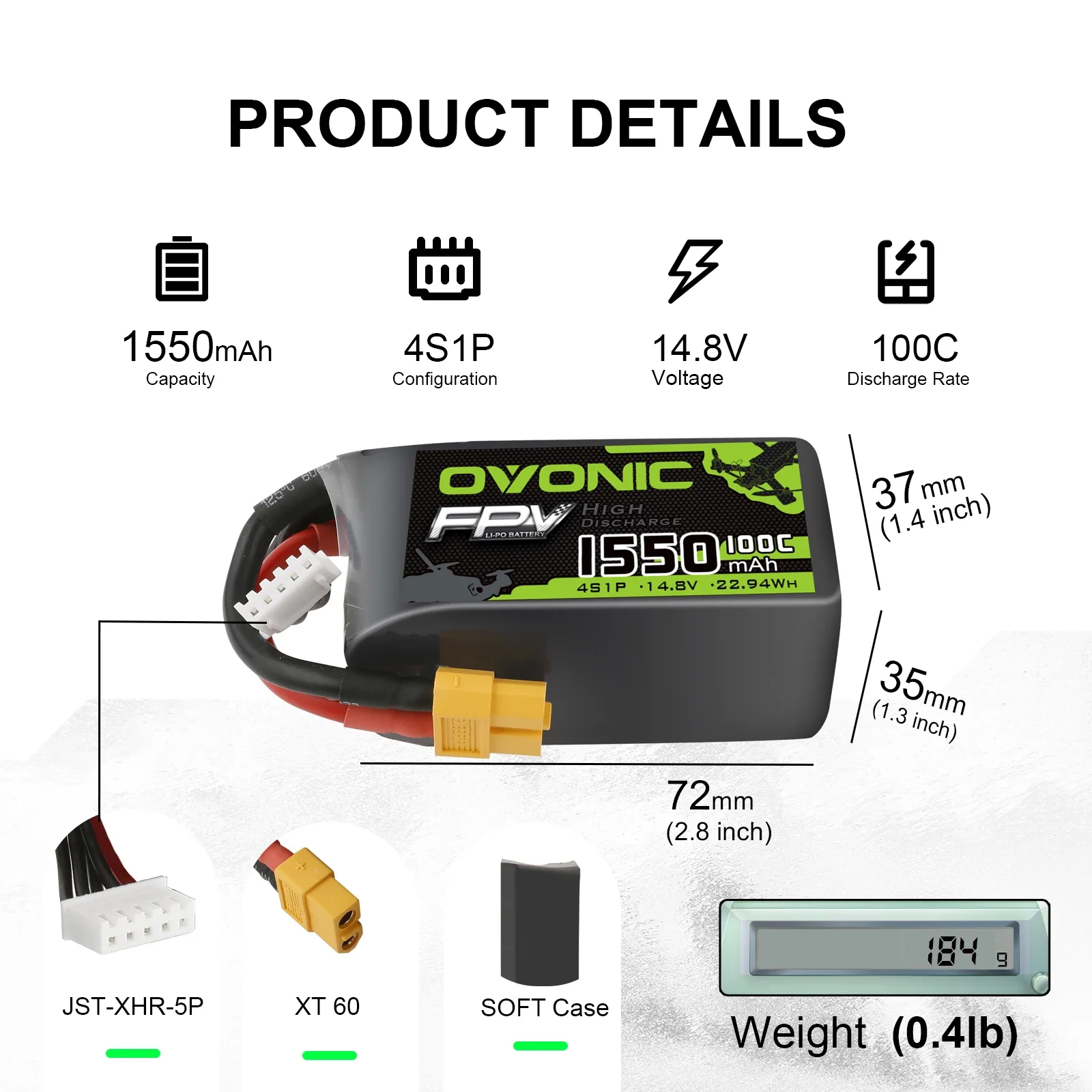 Ovonic 14.8V 1550mAh 100C 4S LiPo Battery Pack with XT60 Plug for FPV Racing RC Quadcopter Helicopter Airplane Multi-Motor Hobby