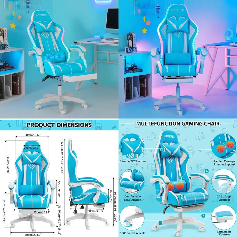 كرسي ألعاب مريح LED RGB مع تدليك، ودعم قطني قابل للتعديل، ومسند للقدمين لراحة عالية الظهر في ألعاب الفيديو
