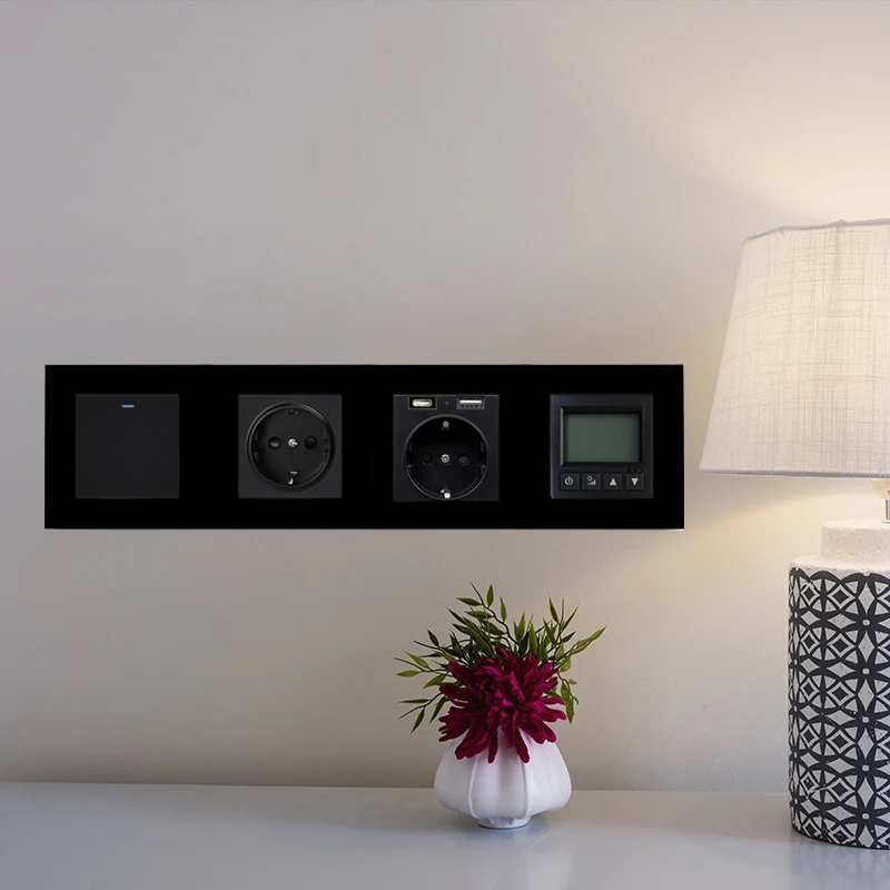 S6 Black Glass Sockets and Switches 220V DIY Electrical Wall Plugs Button Light Switch Power Outlet Built-in Socket DIY Wallpad