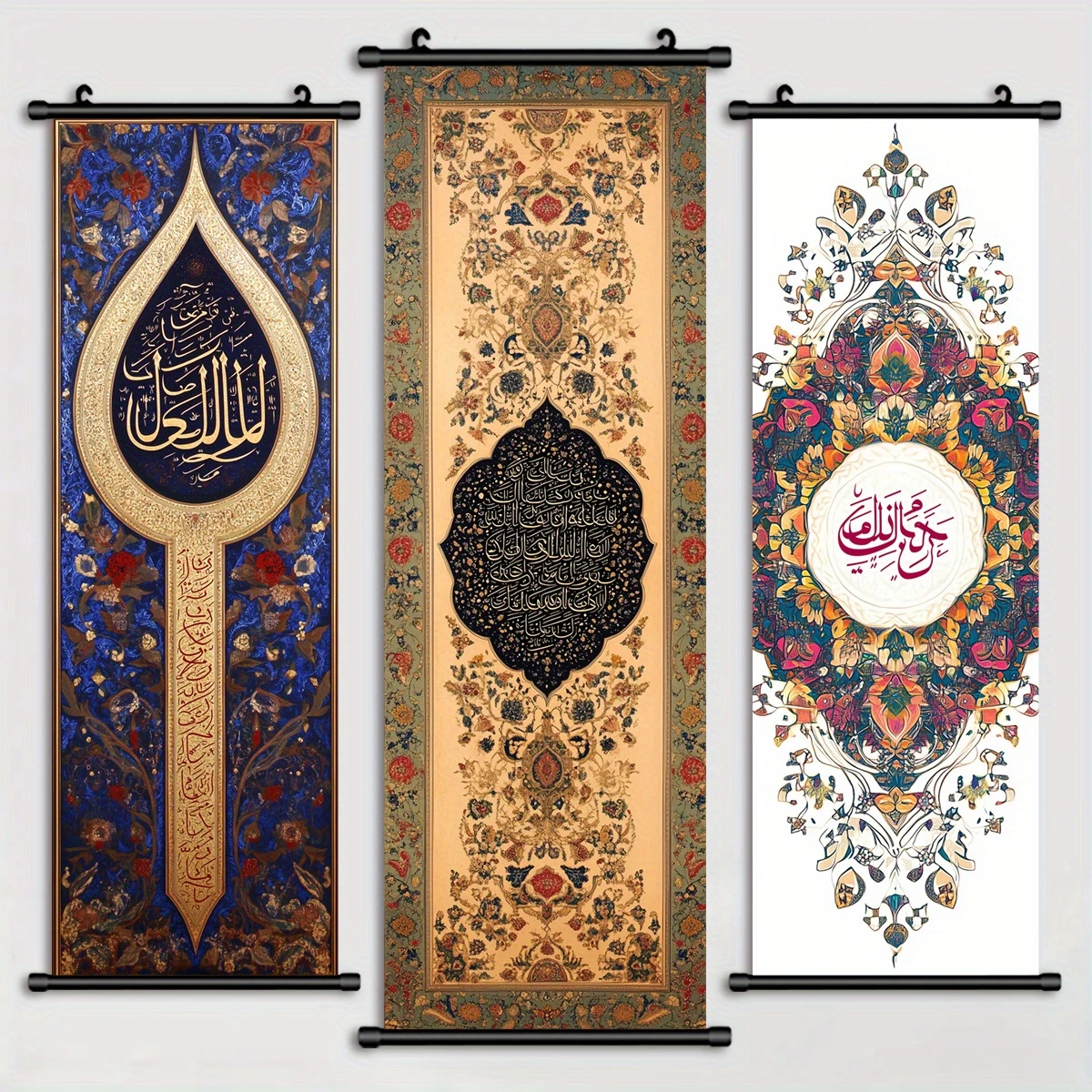 VIKAMA Islamic Arabic Calligraphy Scroll Tapestries, Persian Floral Pattern Wall Hangings, Muslim Art Fabric Posters, Home Decor