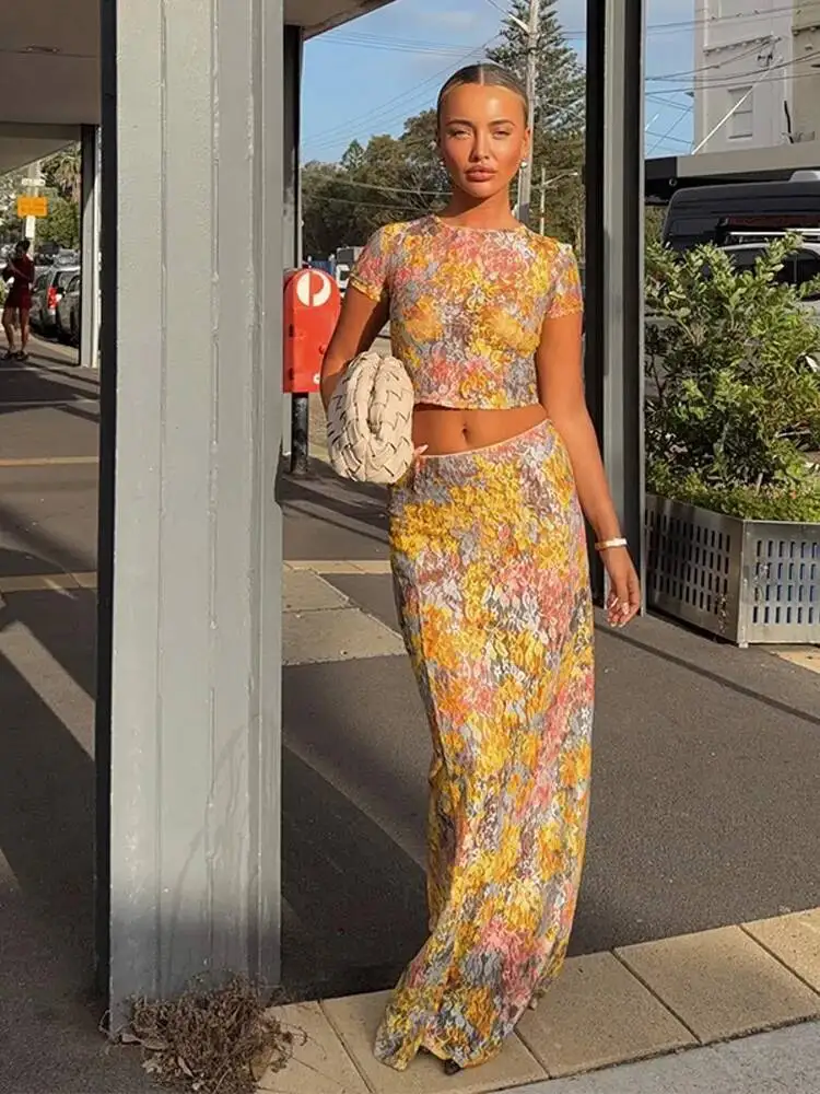 

Elegant Flower Print Short Sleeve Shirt Long Skirt Set Women Bodycon O-neck Tops Skirt New Vocation Beach Street Outfit B6Q9