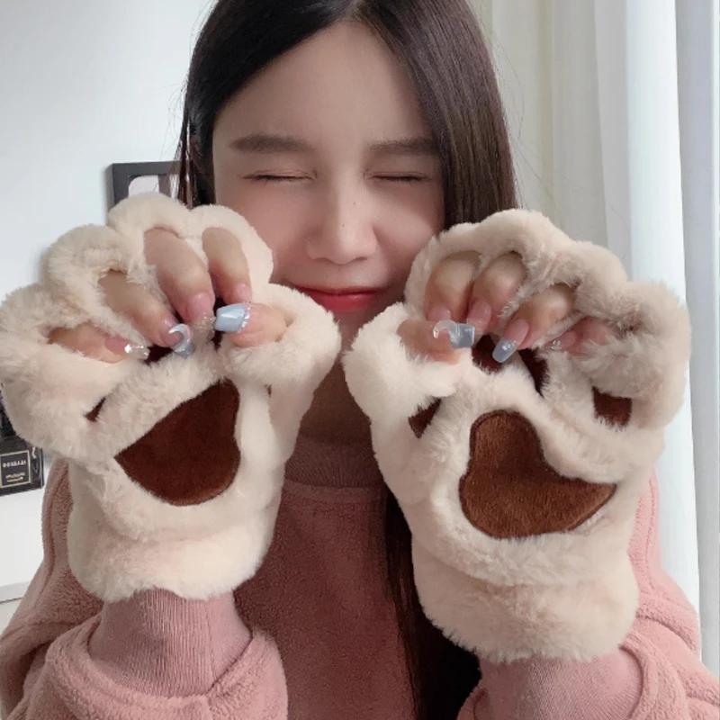 Women Cartoon Fingerless Cat Paw Gloves Winter Warm Halloween Bear Costume Claw Animal Cosplay Party Typing Hand Gift Gloves