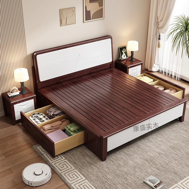 Ebony solid wood bed modern simple white master bedroom 1.5 meters double bed High Quality