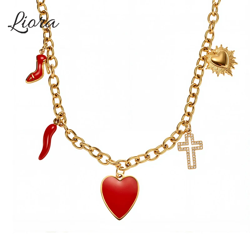 

Liora Heart Pepper High Heels Cross Pendant Necklace For Women Zircon Stainless Steel "O"Chain Necklace Women Wedding Jewelry