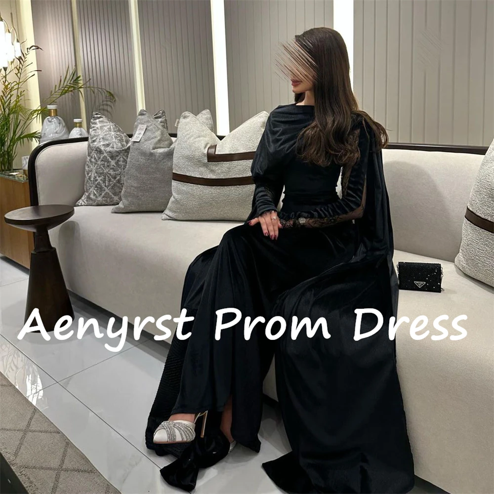 Aenyrst preto vintage mangas compridas de renda vestidos de noite personalizados veludo sereia vestido de baile até o chão vestidos de festa de