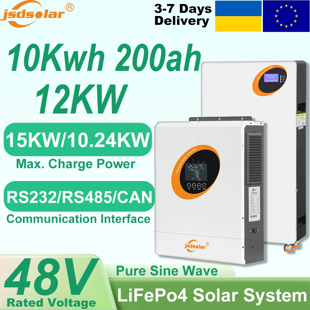 Batterie LiFePO4 Jsdsolar 48V 200Ah 10KW 51.2V 6000+ Cycles Cellules Grade A Bluetooth BMS CAN RS485 Égaliseur Intégré UE Sans Taxe