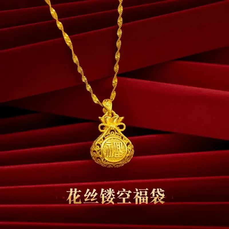 9999 Real Gold 24K Vintage Hollow Silk Lucky Bag Pendant Pure Gold Silk Fortune Money Bag Ladies Clavicle Necklace